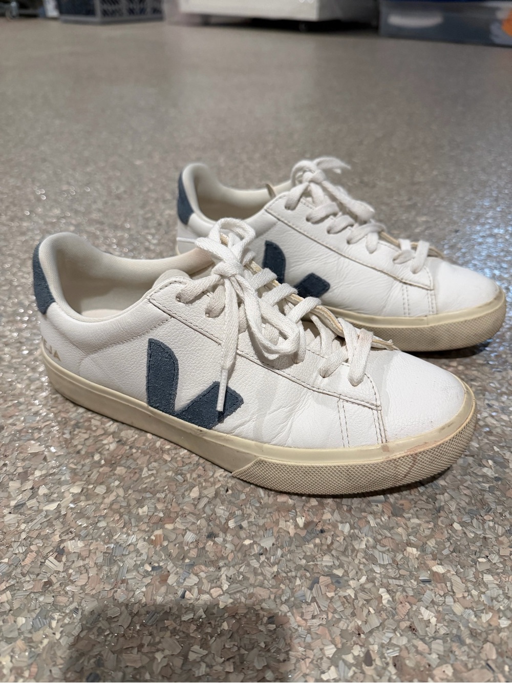 Veja White Leather Sneakers with Navy V Detail